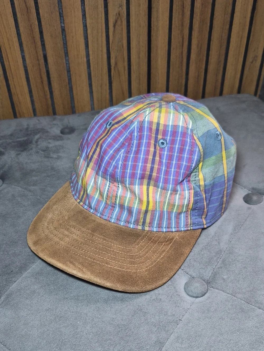 J. Crew Pastel Plaid Cap with Brown Suede Strap 70s